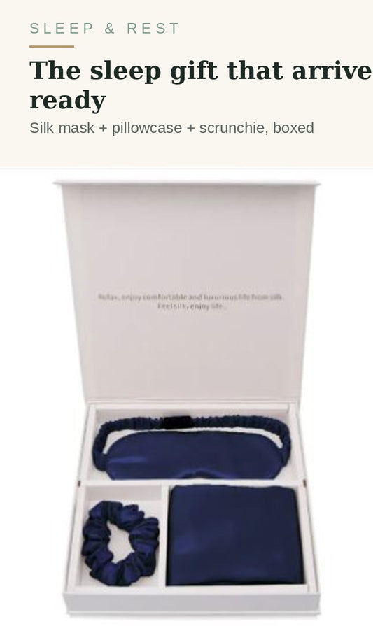 Luxury silk sleep gift set in navy - eye mask, pillowcase and scrunchie in a gift box